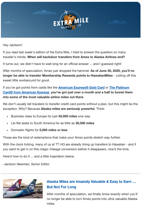 A screenshot of the Extra Mile Newsletter from May 19, 2025. 